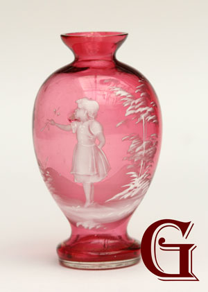 miniature cranberry glass Mary Gregory vase